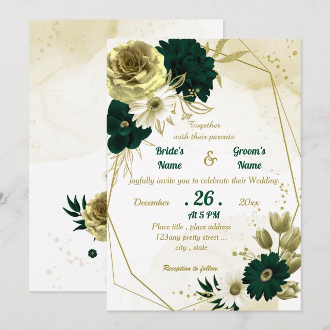Invitación Boda geométrico floreado de oro de marfil verde es (Anverso / Reverso)