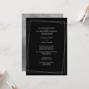 Invitación Boda geométrico formal de plata y negro metálico
