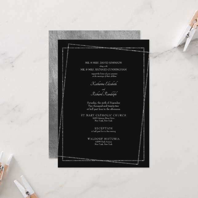Invitación Boda geométrico formal de plata y negro metálico (Anverso/Reverso In Situ)