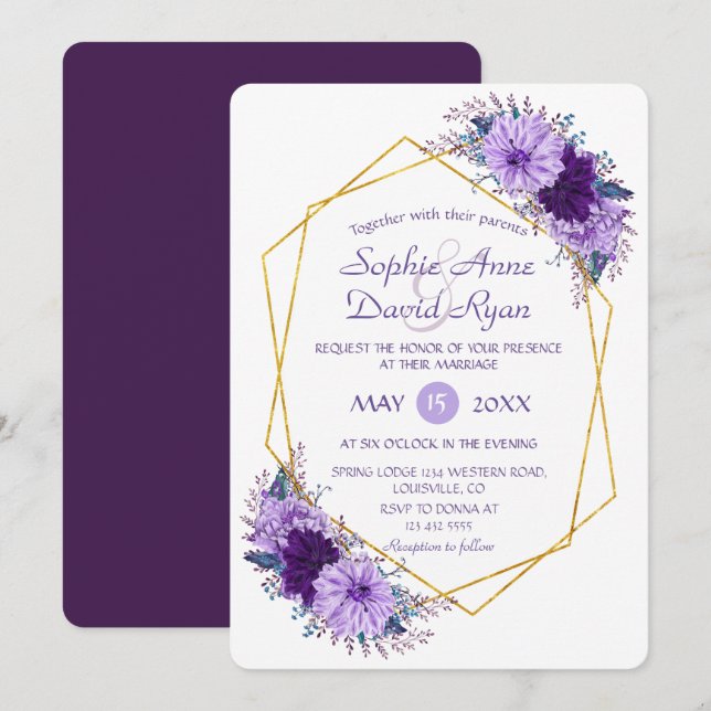 Invitación Boda Geométrico Gold Diamond Purple Floral (Anverso / Reverso)