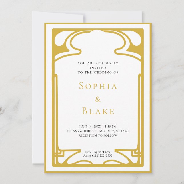 Invitación Boda Geométrico Gold y White Art Deco (Anverso)