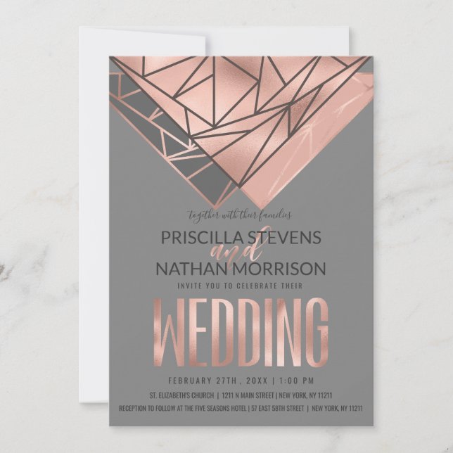 Invitación Boda Geométrico Gris Gris Oro Rosa moderno (Anverso)