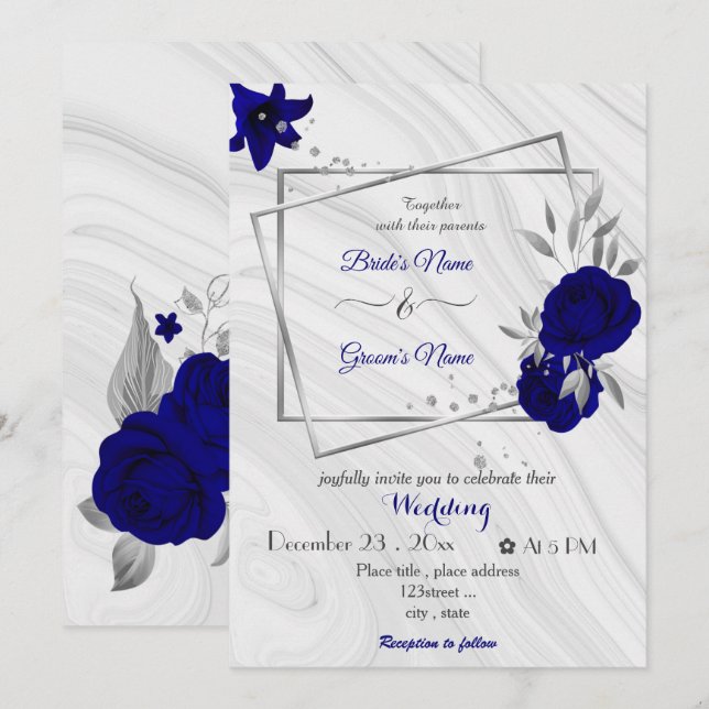 Invitación boda geométrico gris plateado de flores azules rea (Anverso / Reverso)