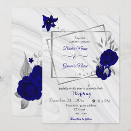 Invitación boda geométrico gris plateado de flores azules rea