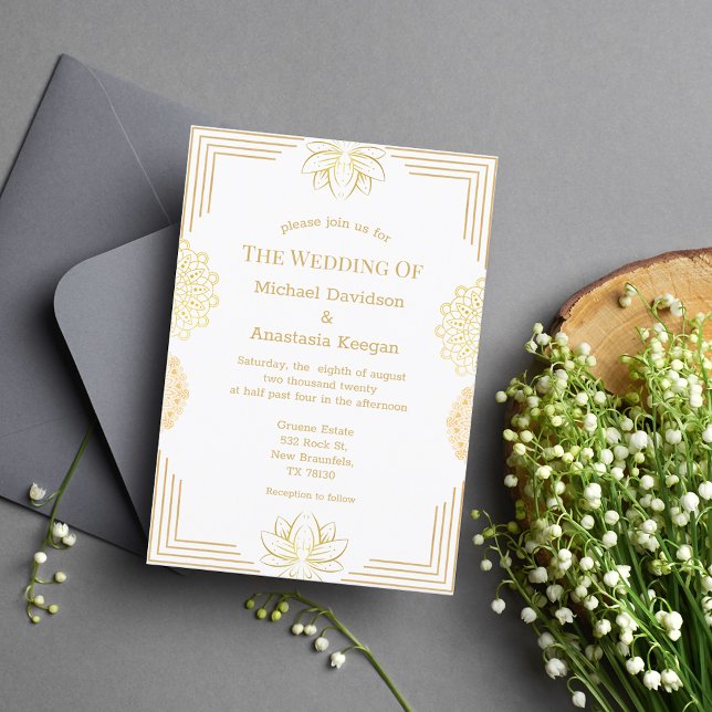 Invitación boda geométrico indio blanco dorado moderno (Subido por el creador)