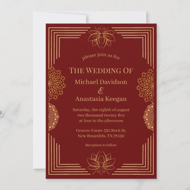 Invitación boda geométrico indio de oro rojo moderno (Anverso)