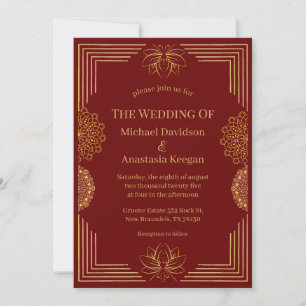 Invitación boda geométrico indio de oro rojo moderno