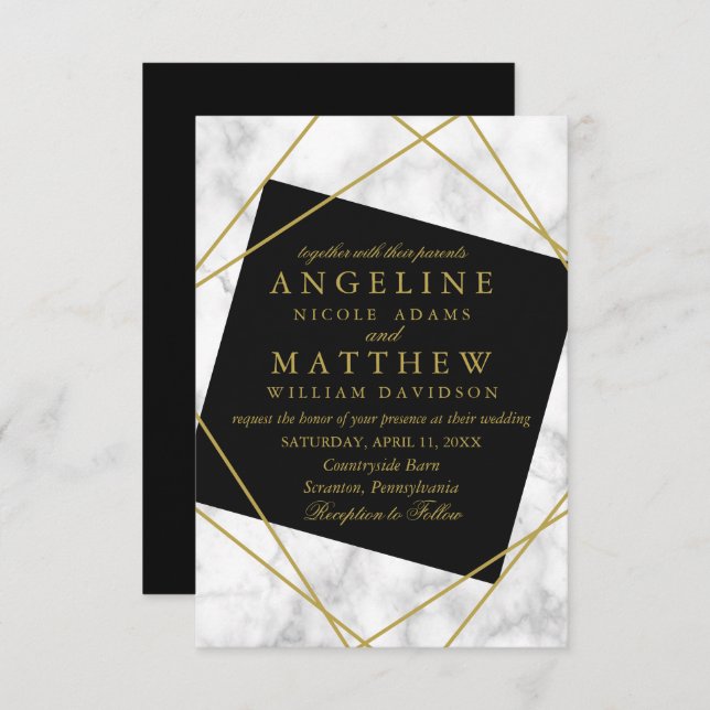 Invitación Boda Geométrico Marble Black and Faux Gold (Anverso / Reverso)