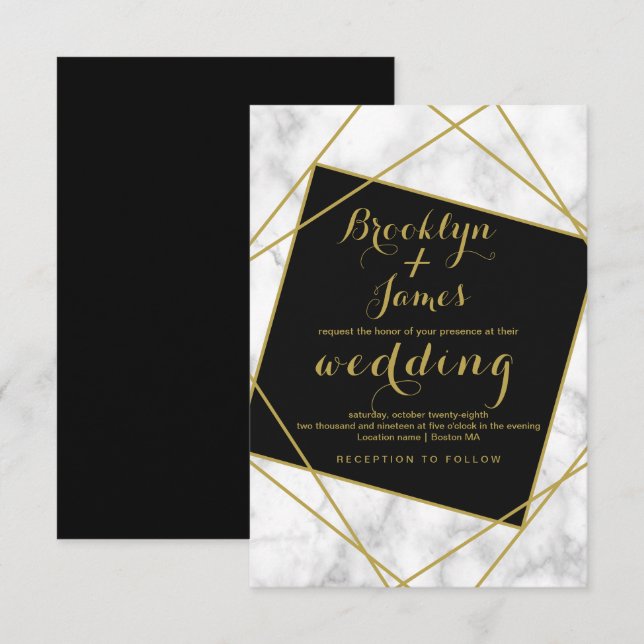 Invitación Boda Geométrico Marble Black and Faux Gold (Anverso / Reverso)