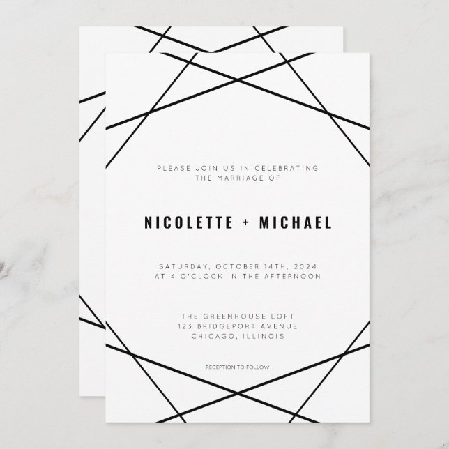 Invitación Boda geométrico mínimo moderno negro y blanco (Anverso / Reverso)