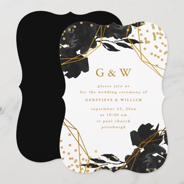 Invitación Boda Geométrico Moderno Black Floral Faux Gold (Anverso / Reverso)