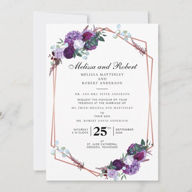 Invitación Boda geométrico moderno con floración púrpura (Anverso)