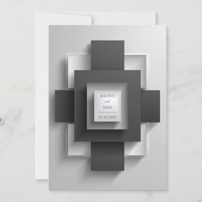 Invitación Boda geométrico moderno en blanco y negro (Anverso)