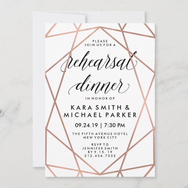 Invitación Boda geométrico moderno ensayar cena (Anverso)