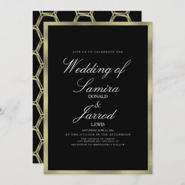 Invitación Boda geométrico moderno Faux Gold Black (Anverso / Reverso)