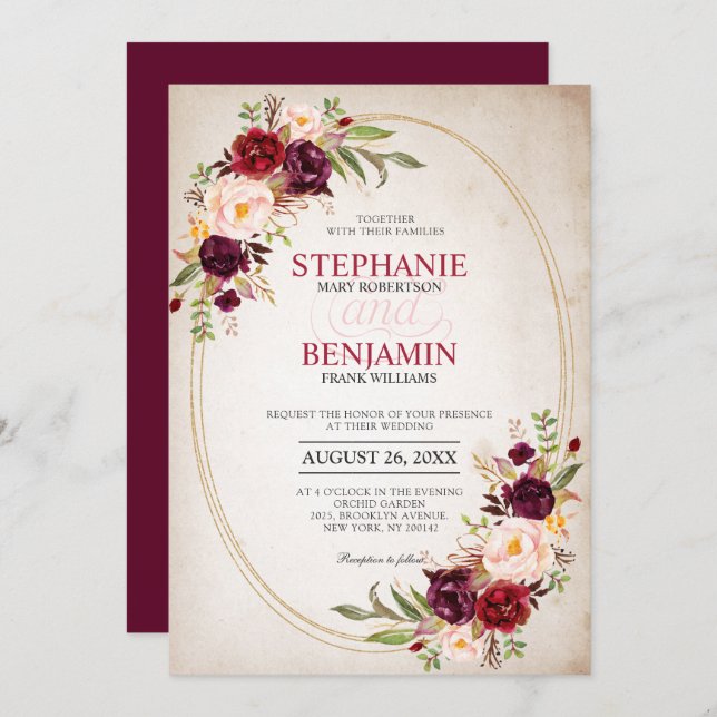 Invitación Boda geométrico moderno floral de la Marina Roja d (Anverso / Reverso)