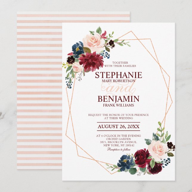 Invitación Boda geométrico moderno floral de la Marina Roja d (Anverso / Reverso)