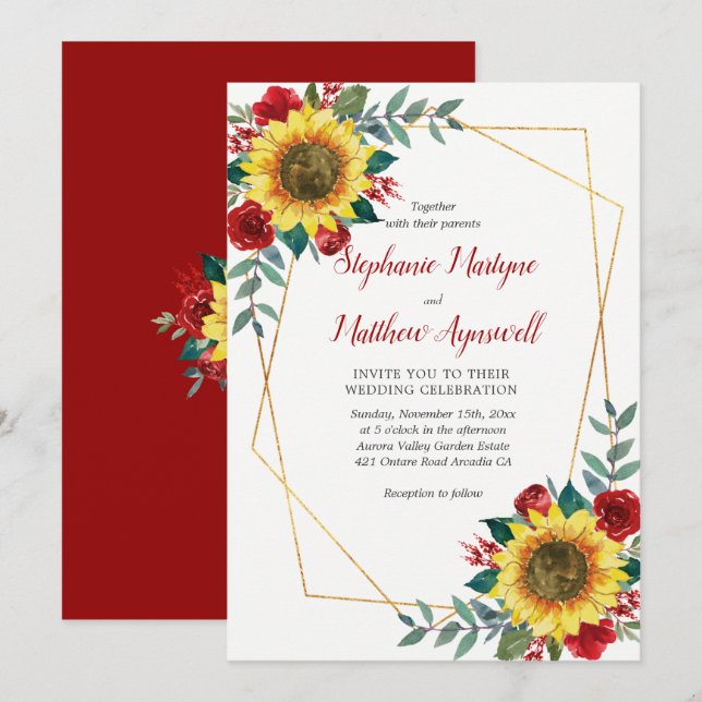 Invitación Boda Geométrico Moderno Floral Rojo Girasol (Anverso / Reverso)