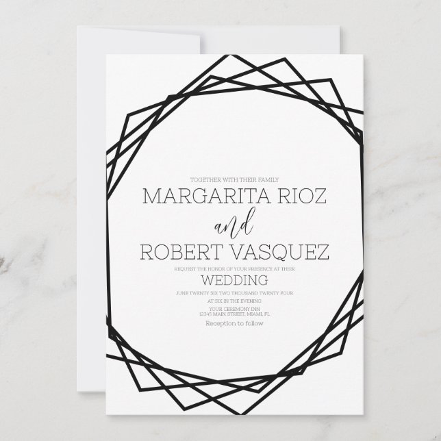 Invitación Boda Geométrico Moderno Negro Blanco   (Anverso)