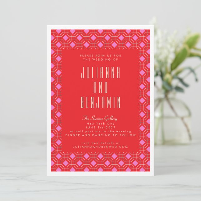 Invitación Boda Geométrico Moderno Rojo y Rosa del Siglo Medi (Anverso de pie)