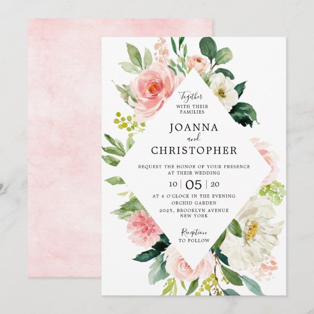 Invitación Boda geométrico moderno Rubor Pink Rose Florals (Anverso / Reverso)