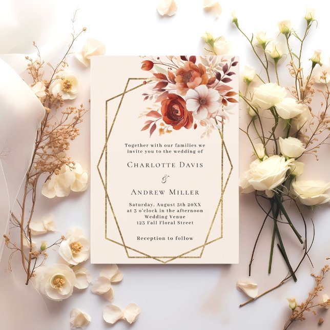 Invitación Boda geométrico naranja de flores quemadas en beig (Subido por el creador)
