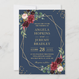 Invitación Boda Geométrico Navy Blue Burgundy Floral Gold