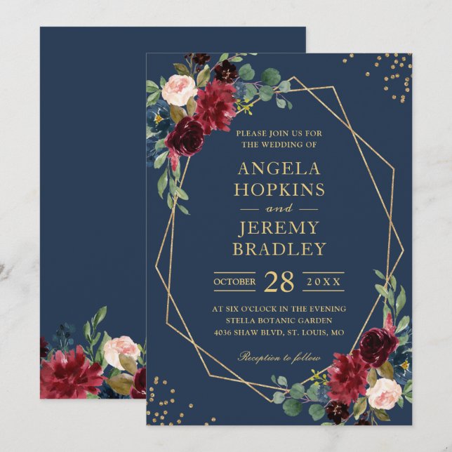 Invitación Boda Geométrico Navy Blue Burgundy Floral Gold (Anverso / Reverso)