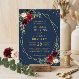 Invitación Boda Geométrico Navy Blue Burgundy Floral Gold