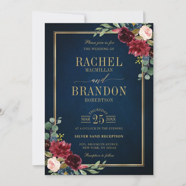 Invitación Boda Geométrico Navy Blue Rubor Burgundy Gold (Anverso)