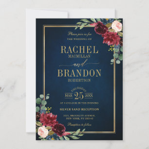 Invitación Boda Geométrico Navy Blue Rubor Burgundy Gold