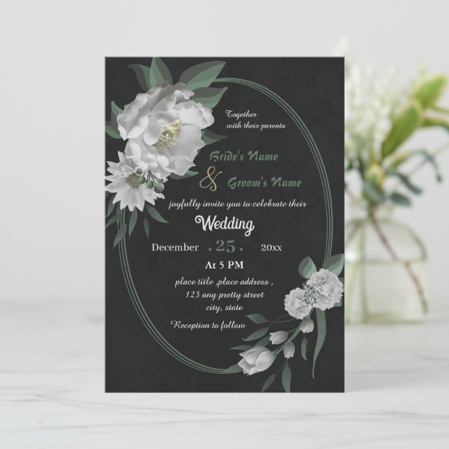 Invitación boda geométrico negro de flores blancas románticas (Anverso de pie)