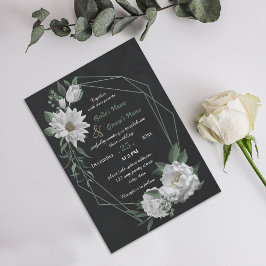 Invitación boda geométrico negro de flores blancas románticas