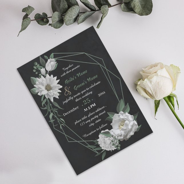 Invitación boda geométrico negro de flores blancas románticas (Subido por el creador)