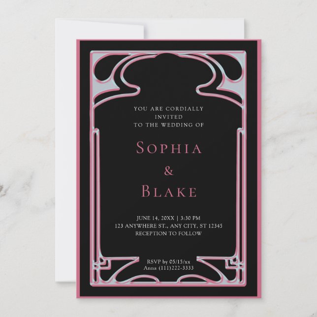 Invitación Boda Geométrico Negro y Rosa Art Deco (Anverso)