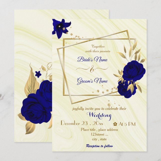 Invitación boda geométrico oro de flores azules reales (Anverso / Reverso)