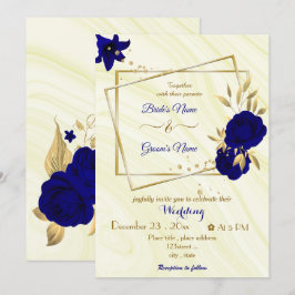 Invitación boda geométrico oro de flores azules reales