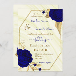 Invitación boda geométrico oro de flores azules reales