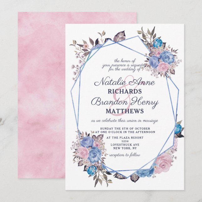 Invitación Boda geométrico parisino Charm Blue & Pink (Anverso / Reverso)