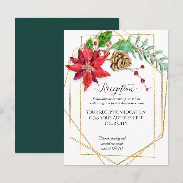 Invitación Boda Geométrico Red Floral Gold Green navidades (Anverso / Reverso)