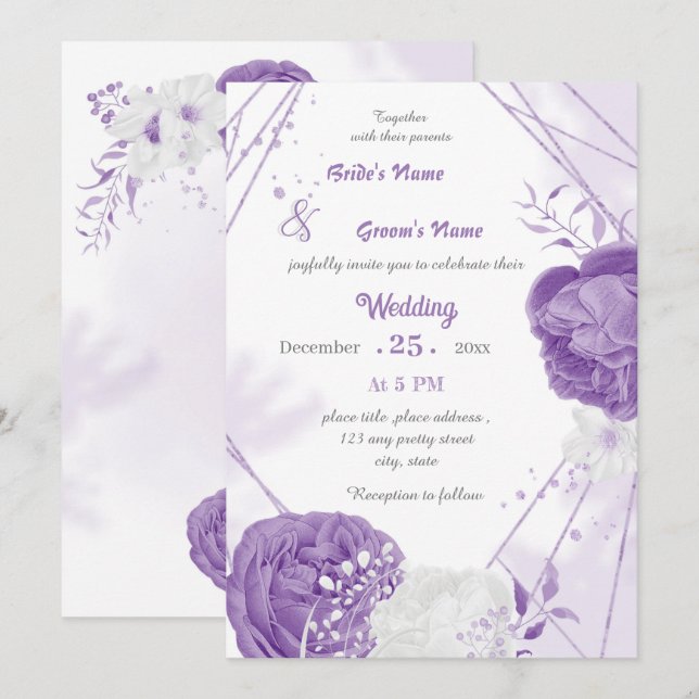 Invitación boda geométrico romántico blanco y violeta (Anverso / Reverso)