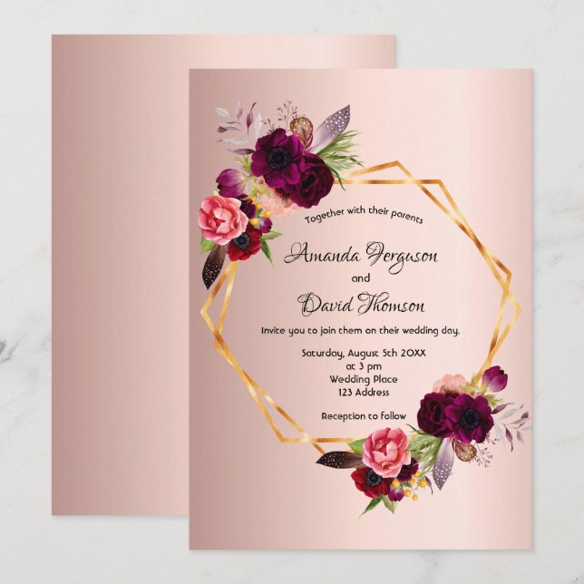 Invitación boda geométrico Rosa de floros burdeos de oro (Anverso / Reverso)