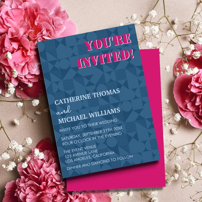 Invitación Boda geométrico rosa y azul colorido moderno (Subido por el creador)