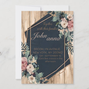 Invitación Boda Geométrico Rosado Rubor azul de la Marina Rus