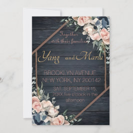 Invitación Boda Geométrico Rosado Rubor azul de la Marina Rus