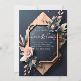 Invitación Boda Geométrico Rosado Rubor azul de la Marina Rus