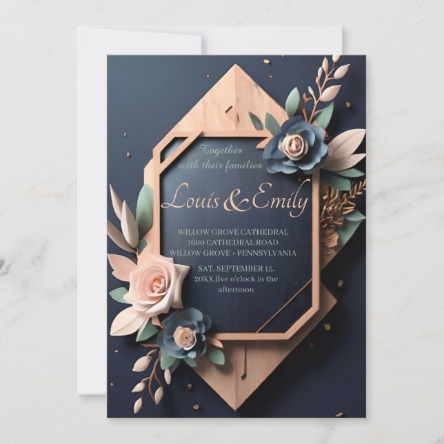 Invitación Boda Geométrico Rosado Rubor azul de la Marina Rus (Anverso)