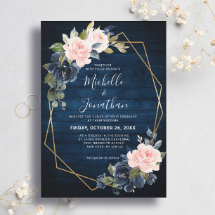 Invitación Boda Geométrico Rosado Rubor azul de la Marina Rus
