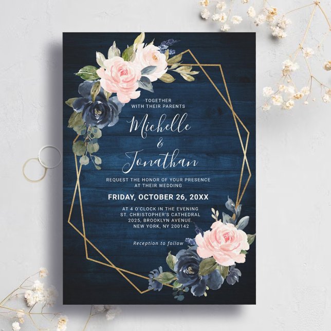 Invitación Boda Geométrico Rosado Rubor azul de la Marina Rus (Subido por el creador)