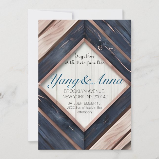 Invitación Boda Geométrico Rosado Rubor azul de la Marina Rus (Anverso)